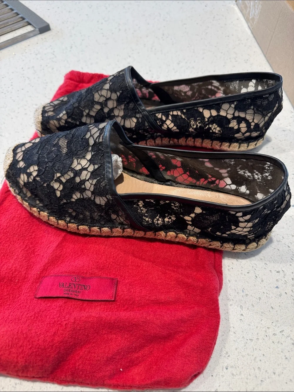 Valentino Black Lace Espadrille Slip-Ons